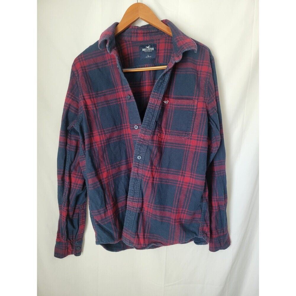 Hollister Men's Large L Red Navy Blue Plaid Flannel Casual Button Down Shirt